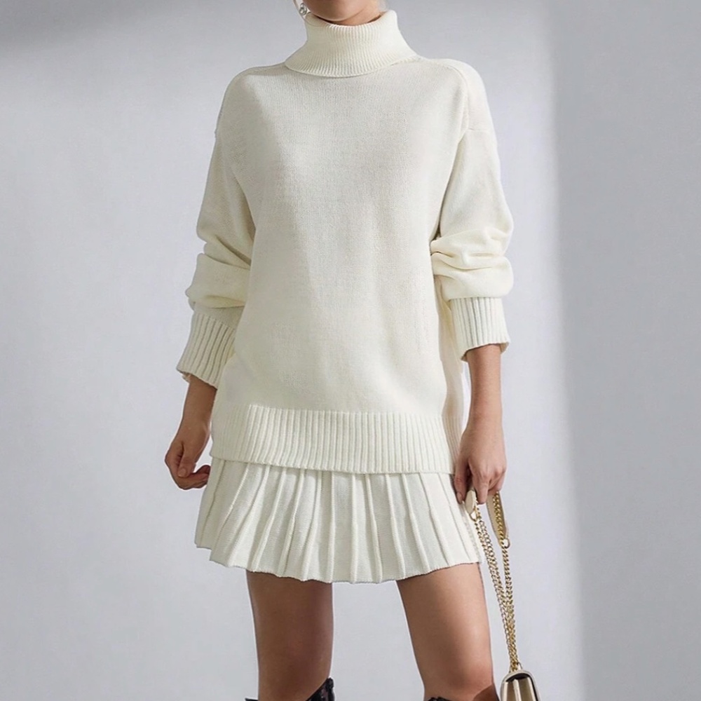 Classic Cream Turtleneck Loose Fit Sweater Skirt Set